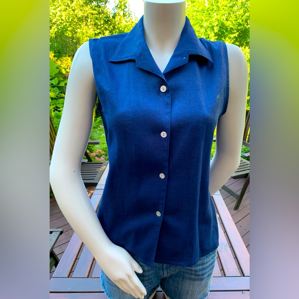 Royal Blue 100% linen button-up shirt mother-of-pearl buttons embroidered collar